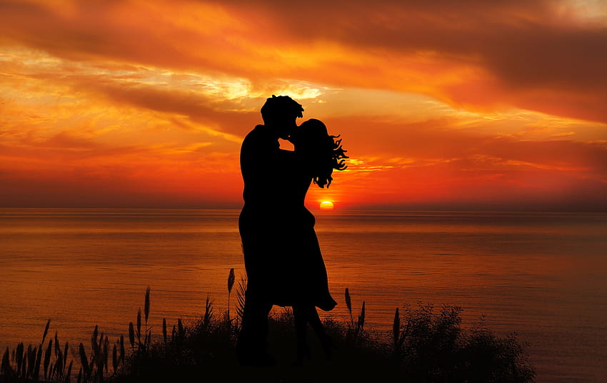 Pareja Beso Rom Ntico Silueta Puesta De Sol Paisaje Marino Juntos