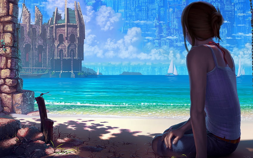 Women Beach Castles Sand Fantasy Art Artwork Sitting 2560x1600