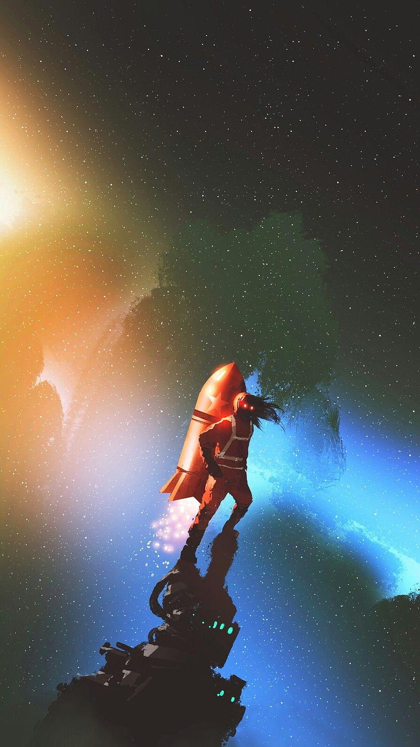 Spaceman With Red Jetpack Rocket Standing Against Starry Sky Jet Pack