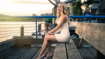 White Women Model Blonde T Shirt Looking Away Brunette Tight