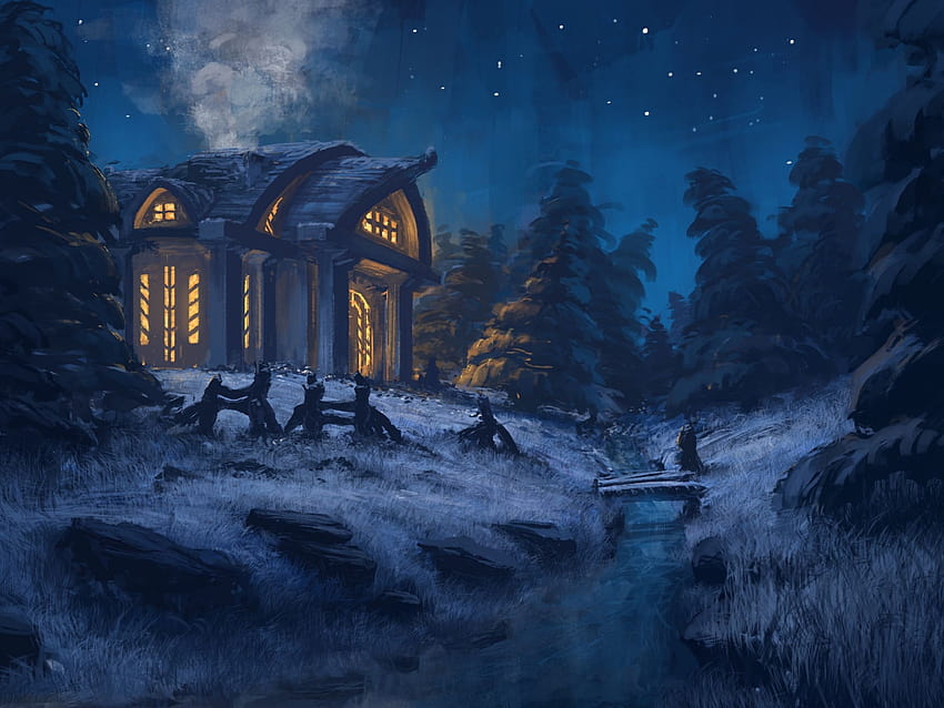 2048x1536 Fantasy House, humo, nieve, invierno, frío, árboles para Ainol Novo 9 Spark fondo de pantalla