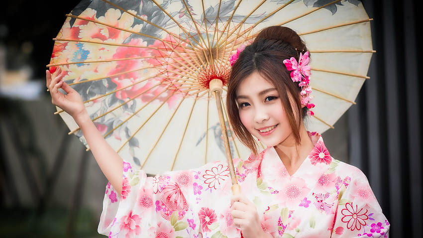 Beautiful Japanese girl, smile, kimono, umbrella, japan girls HD wallpaper