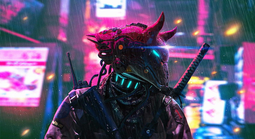 cyberpunk, neon, futuristic, science fiction, neon lights, futuristic city, katana, rain, anime cyberpunk neon HD wallpaper