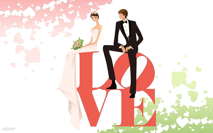 düğün günü aşk sevimli çift gelin damat vektörü, gelin ve damat düğünü HD duvar kağıdı