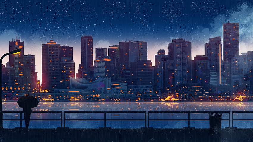 アニメの風景 都市 建物のシルエット 高画質の壁紙