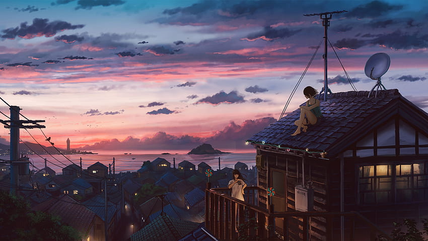 Момиче от морския град, седнало на покрива, красив аниме пейзаж, аниме живопис HD тапет