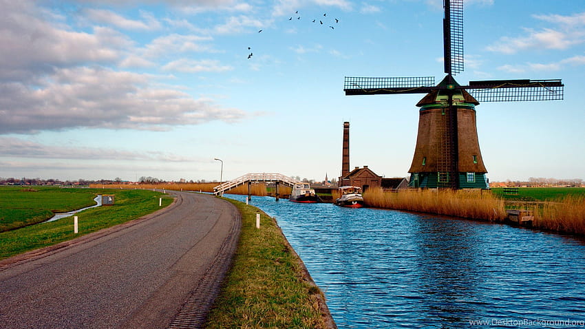 Dutch Windmill River Landscape For Dekstop HD wallpaper