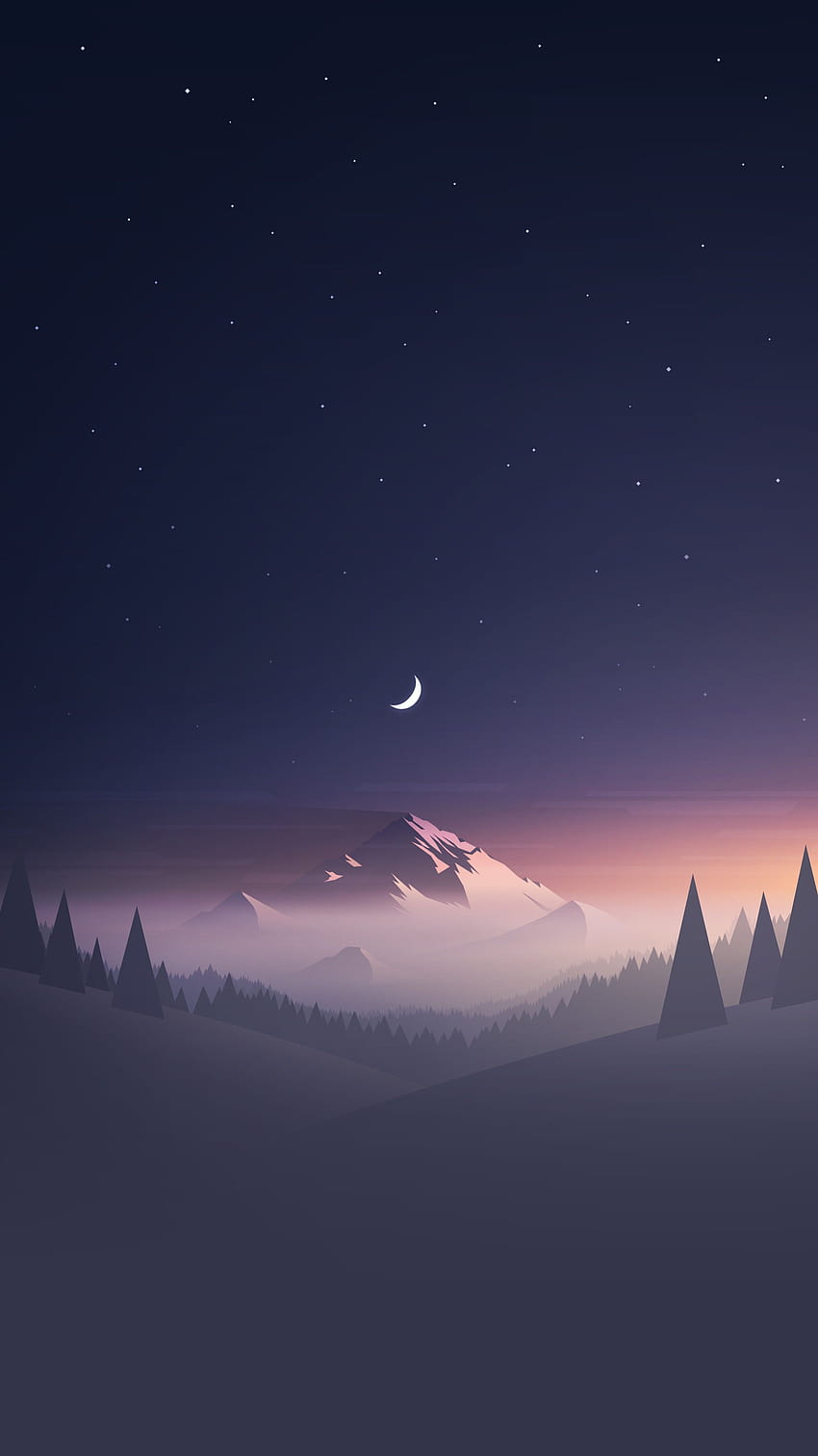 digitale Kunst, Natur, Berge, Porträtanzeige, Mond, Sterne, Nacht, Nebel, Bäume, Wald, Minimalismus, Hügel, klarer Himmel, sternenklare Nacht / und mobile Hintergründe, klarer Nachthimmel HD-Handy-Hintergrundbild