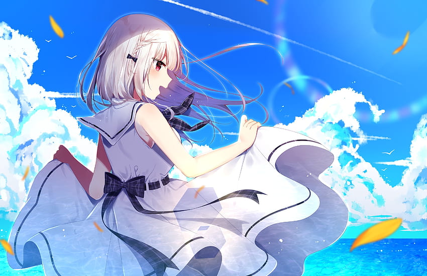 White Hair, Seascape, Wind, Dress, Anime Girl, Clouds, Scenery HD wallpaper