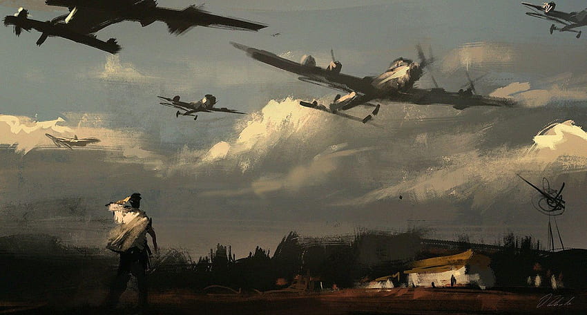 Gray airplane lot painting, aircraft, World War II, Darek Zabrocki, ww2 aircraft HD wallpaper