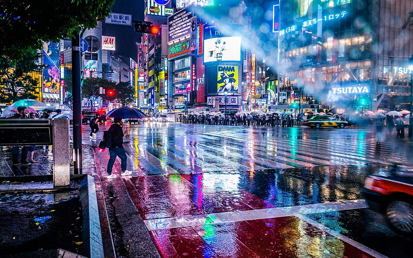 Токио, нощен град, дъжд, небостъргачи, метрополия, хора, Япония с резолюция 1920x1200. Високо качество, токио дъжд HD тапет