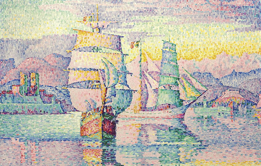 kapal, berlayar, pemandangan laut, Paul Signac, pointillism, Antibes. Brigantine , bagian живопись Wallpaper HD