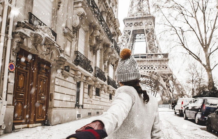 Love, Paris, Winter, France, Snow, Street, Woman, Mood , section настроения, france winter HD wallpaper