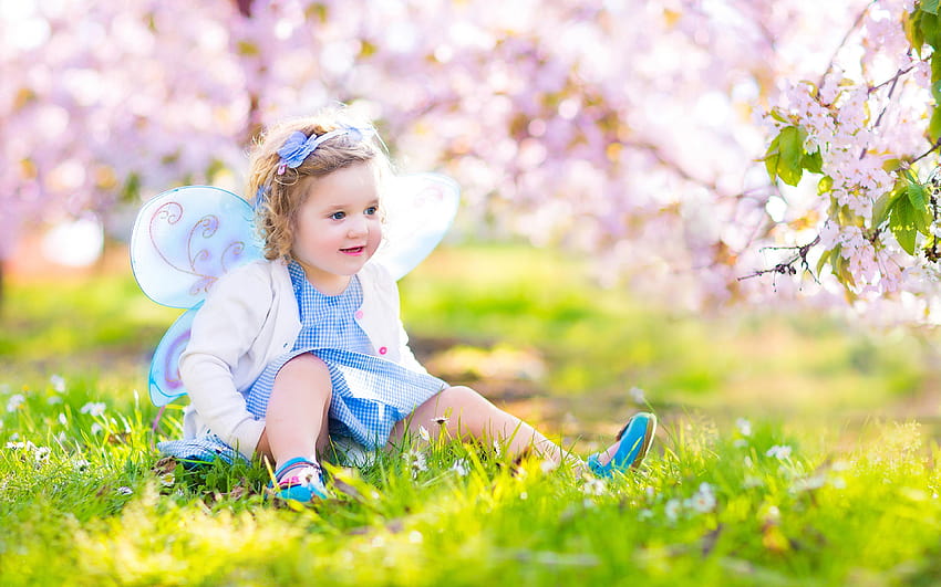 Little girls Fairy Butterflies child Spring sit 3840x2400, spring fairy HD wallpaper