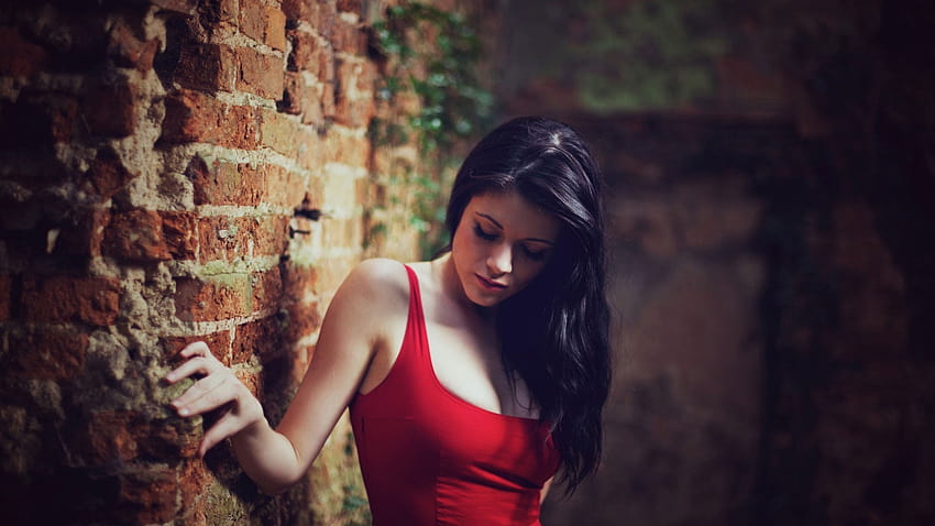 women, Brunette, Tank Top, Bricks, Blurred, Against Wall / and Mobile Backgrounds HD wallpaper