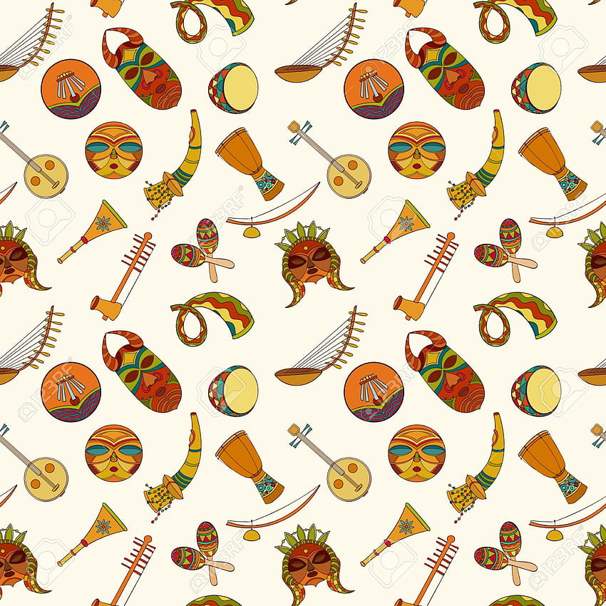 手描きのシームレスなアフリカ音楽パターン ベクトル イラスト [1300x1300]、モバイル & タブレット、アフリカ パターン HD電話の壁紙