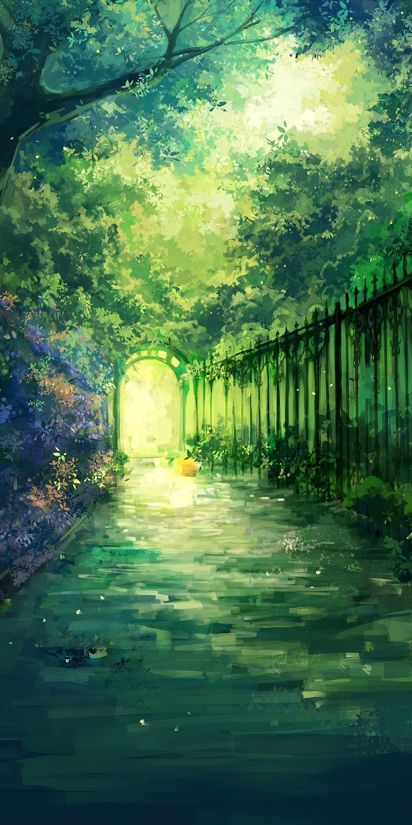 Gate, garden, iron fence, greenery, artwork, 1080x2160, anime scenery green HD phone wallpaper