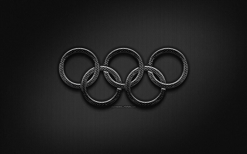 Olympic rings, black metal rings, artwork, creative, grid metal background, olympic symbols, Metal Olympic Rings with resolution 2880x1800. High Quality HD wallpaper