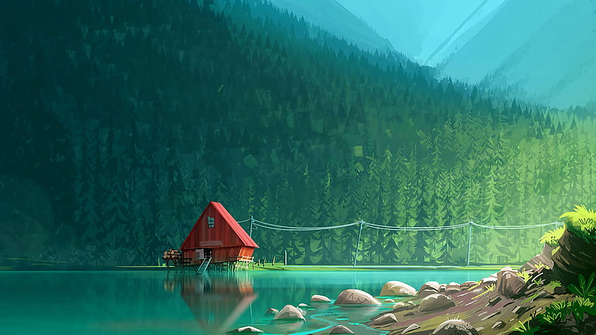 Lake Cabin Forest Mountain Minimalist Minimalism Fond d'écran HD