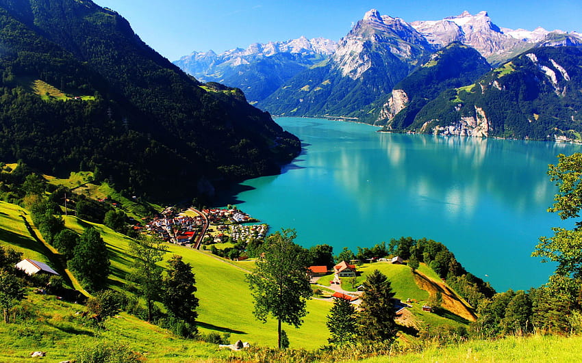 Suiza, Alpes suizos, Lago de montaña, Verano, verano de montaña fondo de pantalla
