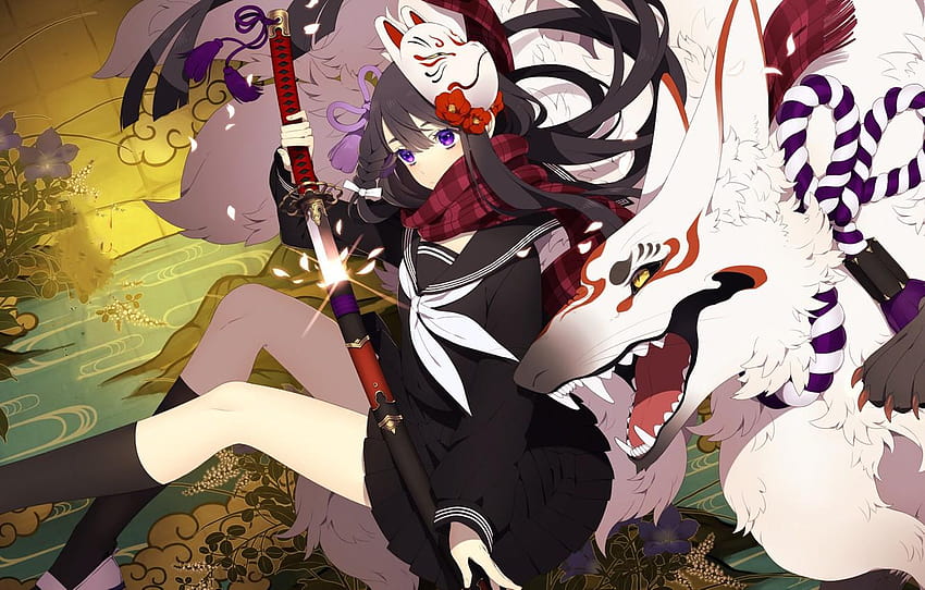 girl, sword, fox, anime, ken, spirit, blade, mask, hunter, fox anime HD wallpaper