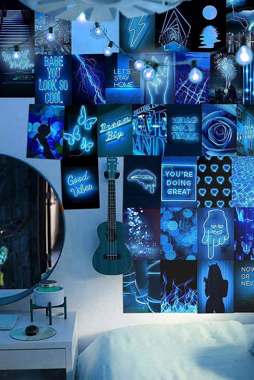 50-teiliges blaues Neon-Wand-Collage-Set, ästhetisch, ästhetische Raumdekoration, Schlafzimmer-Dekor für Teenager-Mädchen, Wand-Collage-Set, VSCO-Raumdekoration, Wand, ästhetische Poster, Collage-Set: handgefertigte Produkte HD-Handy-Hintergrundbild