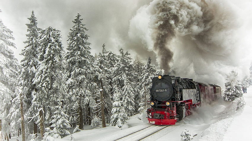 fresh air smoke, ate, ,engine, composition, trees, snow, train, high definition, for smart pnone, winter, rails, ultra HD wallpaper