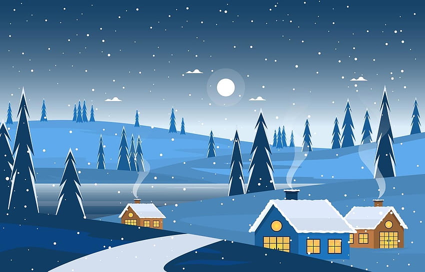 Cozy Winter Night Scene with Trees, Cottages, and Hills 2045881 Vector ...