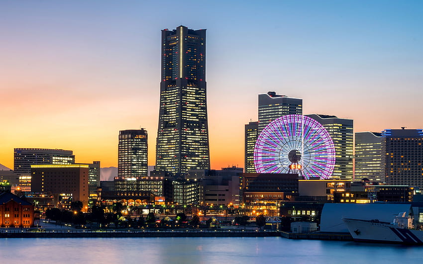 Japan Yokohama Ferris wheel Bay Pier Evening 3840x2400 HD wallpaper