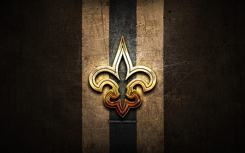 New Orleans Saints, logo dorato, NFL, di metallo marrone, squadra di football americano, logo New Orleans Saints, football americano, USA con risoluzione 2880x1800. Alta qualità, logo Sfondo HD