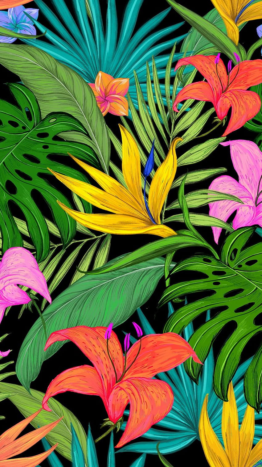 Wzór, tropikalny, kwiaty, liście, lilie, zielone tropikalne liście Tapeta na telefon HD