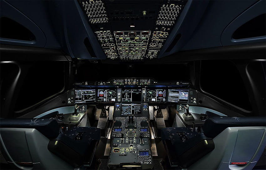 Airbus A350 XWB Layout della cabina di pilotaggio nella notte Aereo 3778, cabina di pilotaggio boeing 787 Sfondo HD