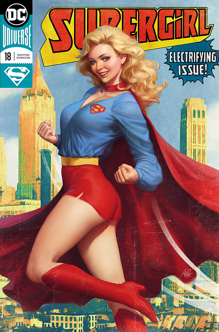 : Artgerm, disegno, copertina di una rivista, donne, Supergirl, mantello, vestiti blu, vestiti rossi, sorridente, bionda, capelli lunghi, capelli mossi, pantaloncini 856x1300 Sfondo del telefono HD