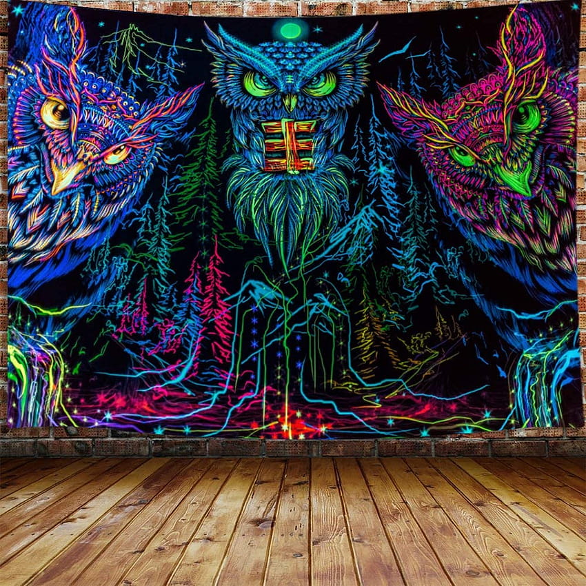 Tapiz de búho psicodélico, tapiz de arte de línea de bosque Trippy para colgar en la pared para dormitorio, tapiz de luz negra de pájaro Animal Luna decoración del hogar fondo de pantalla del teléfono