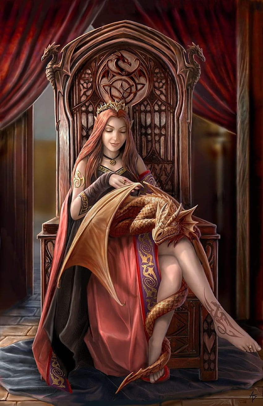 : digital art, fantasy art, Anne Stokes, dragon, women, elf girl sleeping fantasy HD phone wallpaper