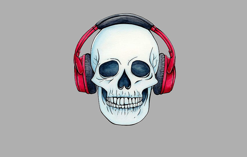 череп, минимализъм, глава, слушалки, скелет, саке, готин череп със слушалки HD тапет