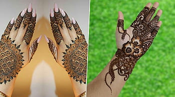 Top down video of a woman copying the mehndi henna tattoo from one hand to  the other in preparation of the hindu festival of teej, karwachauth, diwali  Stock Photo - Alamy