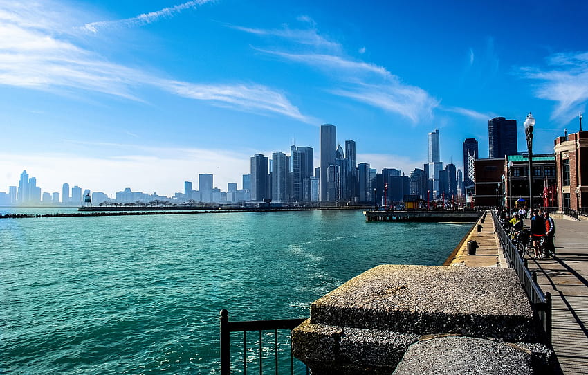 summer, the sky, the city, river, people, skyscrapers, Chicago, Michigan, promenade, Illinois , section город, summer ultrawide HD wallpaper