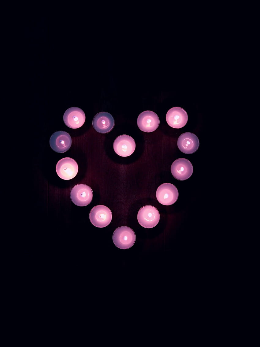 Coração de amor, Luzes de velas, Fundo preto, Rosa, Coração, Luz de chá, Preto/Escuro Papel de parede de celular HD