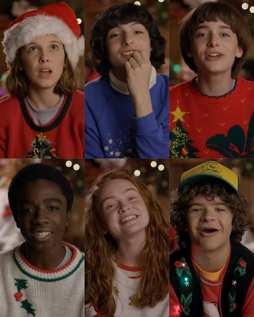 Stranger Things Christmas Video Screen Capture, Eleven, Mike, Will, Lucas, Mad Max, Dustin,…, millie bobby brown christmas HD phone wallpaper