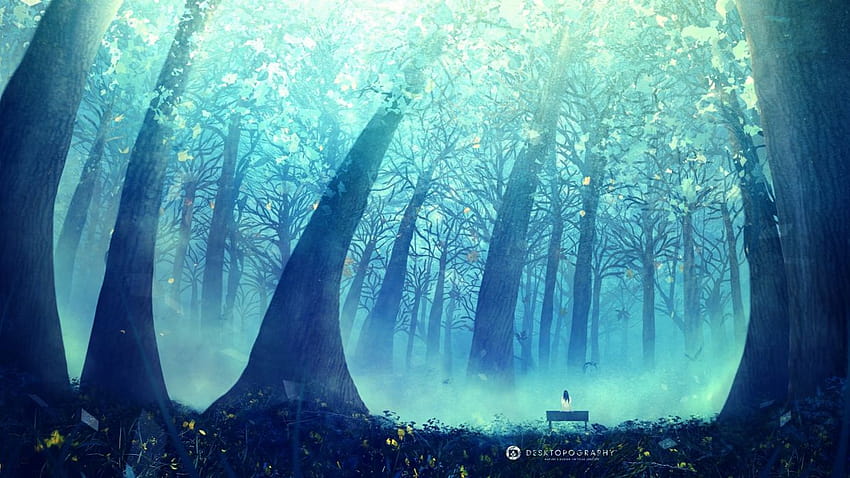 Anime tree forest beauty landscape blue beauty alone girl HD wallpaper