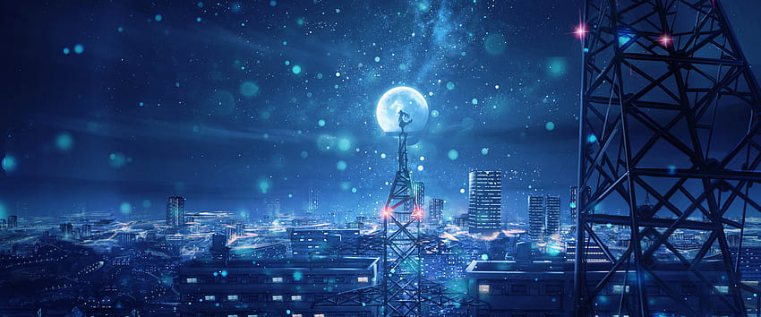 밤하늘 도시 별 애니메이션 풍경, 밤 도시 미적 pc HD 월페이퍼
