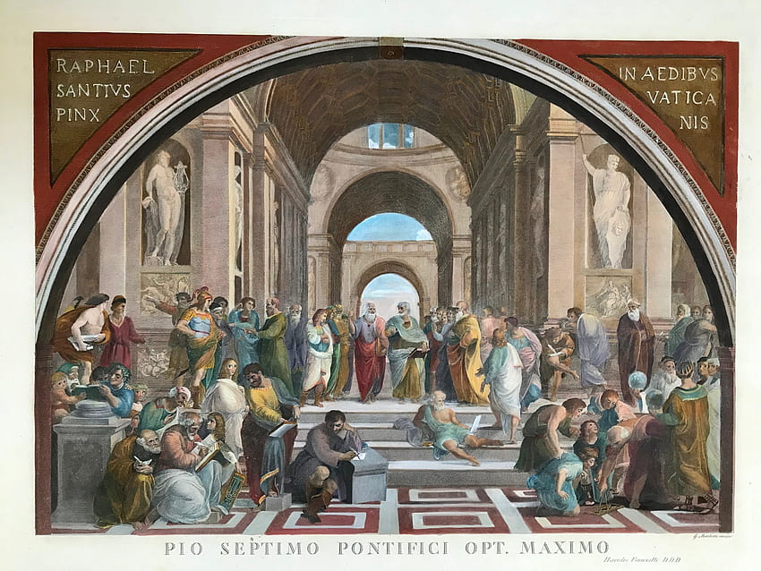 Włochy, Rzym, fresk, szkoła ateńska, autor: Raffaello Sanzio – Philographikon Antique Maps and Prints Tapeta HD