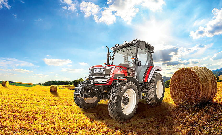 1366x768 full ,vehicle,wagon,landscape,grass,cart,wheel,tractor,auto part,agricultural machinery,grassland, mahindra tractor HD wallpaper