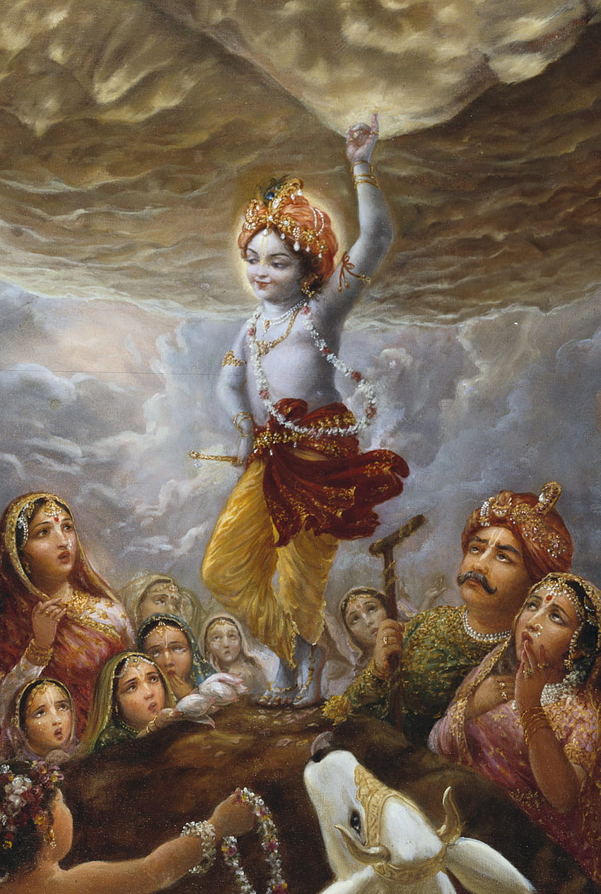 Krishna che solleva la collina di Govardhan, signore Indra Sfondo del telefono HD
