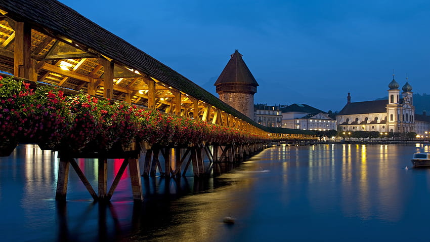 : flowers, cityscape, night, reflection, Tourism, evening, morning, bridge, dusk, Luzern, landmark 1920x1080 HD wallpaper