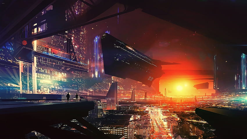 auto nera e rossa città futuristica fantascienza arte digitale concept art, mondo futuro Sfondo HD