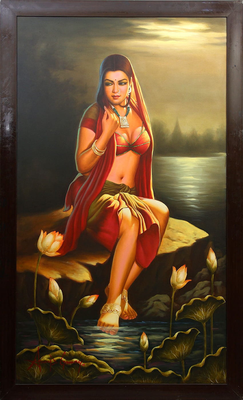 Игла на CELESTIAL APSARA'S & GANDHARVA'S, индийска женска с маслени бои HD тапет за телефон