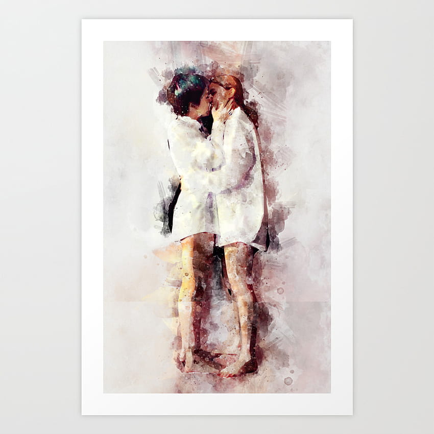 Watercolor Lesbian Couple Kissing Art Print by Lemon in the sky HD phone wallpaper