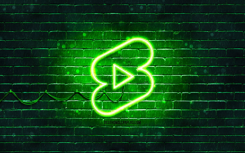 Зелено лого на Youtube шорти, зелени неонови светлини, творчески, зелен абстрактен фон, лого на Youtube шорти, социална мрежа, Youtube шорти с резолюция 3840x2400. Висококачествени шорти HD тапет